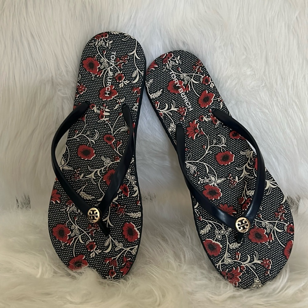 TORY BURCH FLIP FLOPS NAVY FLORAL PRINT SZ 9